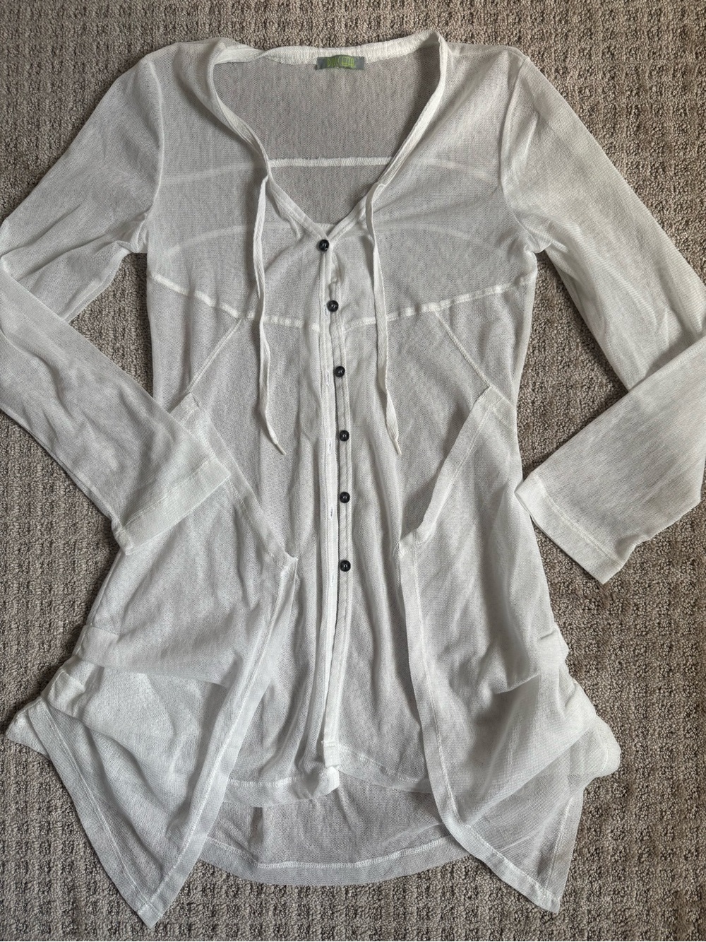 Dolcezza White Sheer Button Front Long Sleeve Tunic Top Tie Neck Lightweight